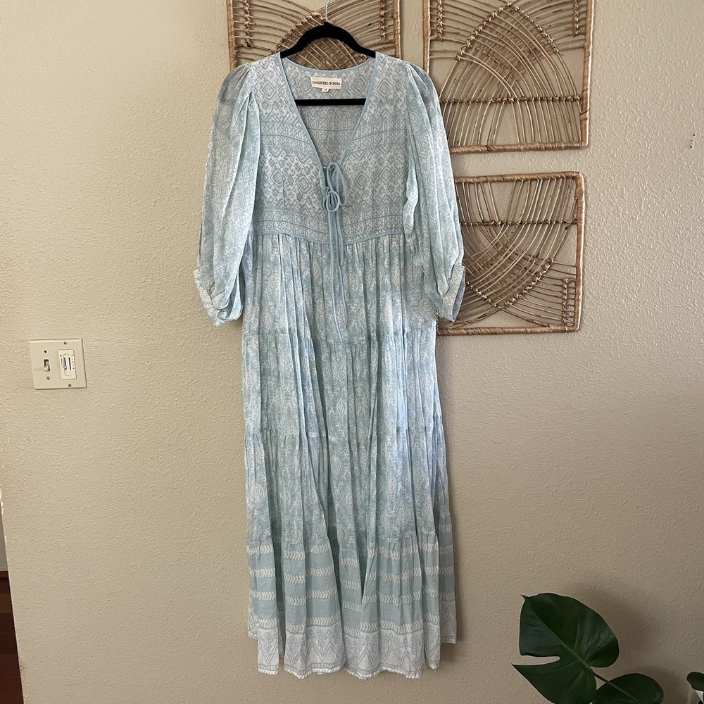 Daughters Of India Jasmine Maxi Dress Sea Mist Print Boho Women's Sz XS B4